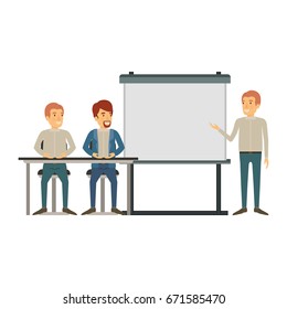 white background with pair of man sitting in a desk for executive lecturer in presentacion business people vector illustration