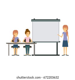 white background with pair of women sitting in a desk for female executive orator in presentacion business people vector illustration