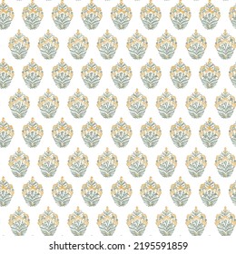 White background with paisley Butta pattern for allover print Mughal flower pattern with yellow with green motif, used for wallpaper, textile,
