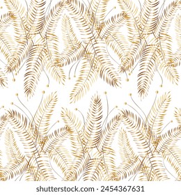 White background with palm leaves.Vector seamless pattern with golden palm leaves on a white background.