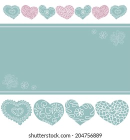 white background with pastel hearts, butterflies and a place for text, vector