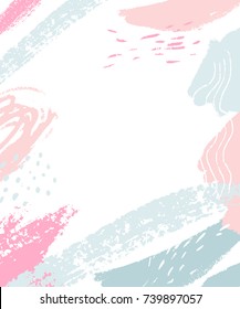 White background with pastel pink and blue abstract stains and brush strokes. Vertical frame with blank space for text