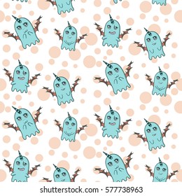 White background, pattern cute blue monsters, emotions stickers