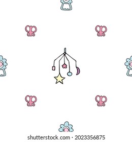 White background pattern with kids toys, mechanical musical toy and butterflies, rattle. Vector illustration. Design for wallpaper and wrapping, fabric and textile.