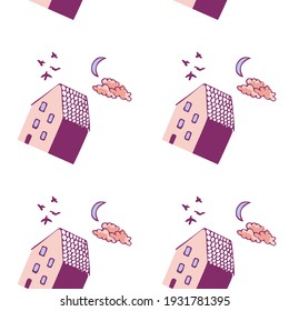 Patrón de fondo blanco con casas rosadas y violetas, luna azul, nubes y pájaros. Ilustración vectorial. Diseño de papel pintado y embalajes, tejidos y textiles.