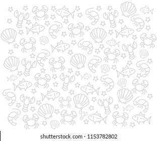 White background with a pattern of sea animals, fish, shellfish, lobster, shrimp, crabs