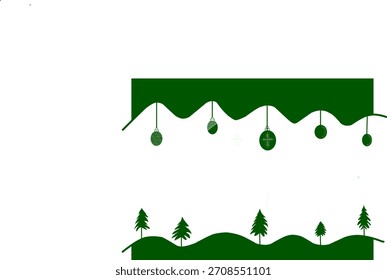 Un fondo blanco con bolas de Navidad verdes estampadas colgando. Una ilustración del árbol de Navidad en la parte inferior.