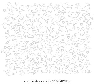 White background with patterns of marine animals, whales, turtles, dolphins, seals, and sharks
