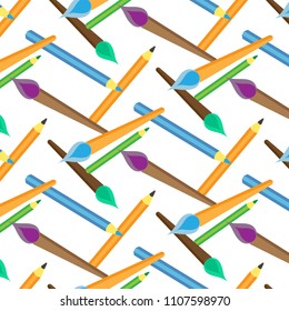 White background with pencils and art brushes pattern.