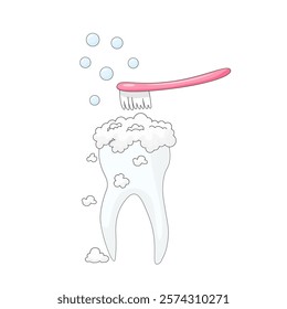 white background, personal hygiene procedure for cleaning the surface of the teeth from food debris and soft plaque, performed with a pink toothbrush and toothpaste