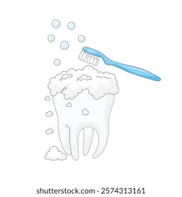 white background, personal hygiene procedure for cleaning the surface of the teeth from food debris and soft plaque, performed with a blue toothbrush and toothpaste