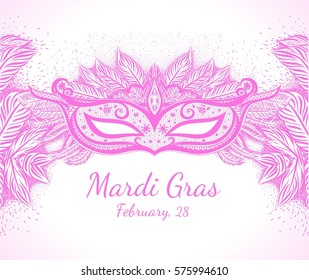 White background with pink carnival mask and feather for design invitation card, flyer, poster on the fastival. New orleans Mardi Gras. Vector illustration.