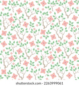 White background with pink flowers, branches and leaves. Decorative seamless pattern for wrapping paper, wallpaper, textile, greeting cards and invitations.