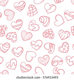 White background with pink outline shape hearts. Pink hearts  vector seamless pattern .
