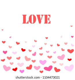 White background with a lot of pink and red hearts at the bottom of frame. By there is a word as " LOVE". Vector. Love concept.