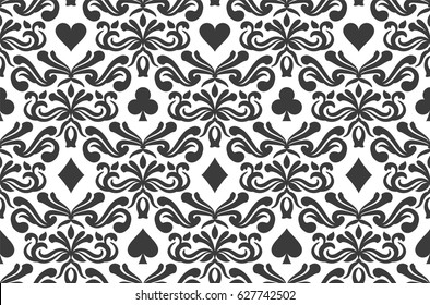 White background with poker symbols surrounded by floral ornament pattern