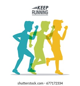 white background of poster keep running with colorful silhouettes of male athletes