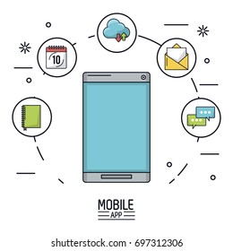 white background poster of mobile app with smartphone device and icons app of more use forming a circle
