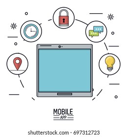 white background poster of mobile app with tablet device and icons app of more use forming a circle