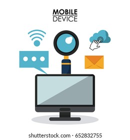 white background poster of mobile device with desktop computer and common icons in top view