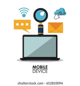 white background poster of mobile devices with laptop computer and common icons