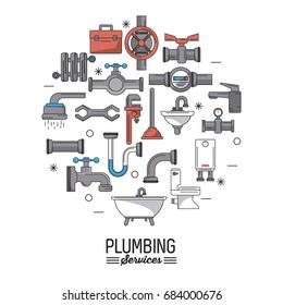 white background poster plumbing services with icons set of plumbing