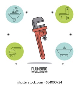 white background poster plumbing services with pipe wrench in closeup and bathroom icons