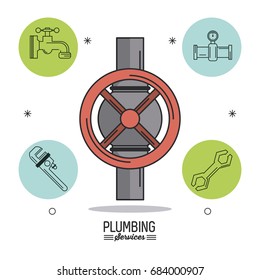 white background poster plumbing services with color stopcock and plumbing icons around