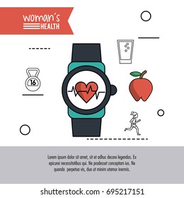 white background of poster woman health with clock heart pulse monitor and icons around