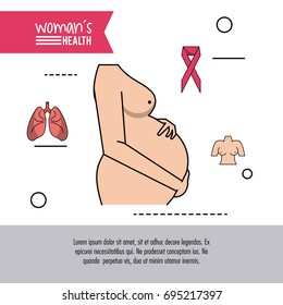 white background of poster woman health with woman pregnant silhouette and icons of lungs and female bust and pink ribbon breast cancer