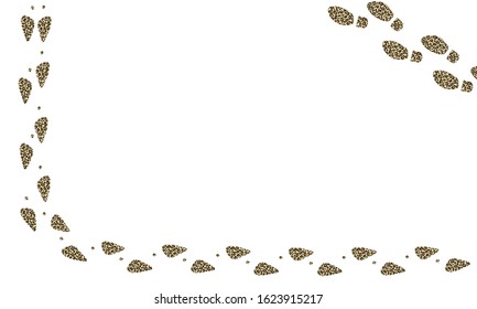 White background with prints of traces of women and men shoes with leopard print. Banner template with free space for text. Vector illustration.