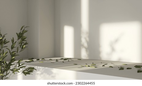 White background product display podium scene with leaf shadow platform. 3d vector rendering of gray background with podium. cosmetic product can be displayed. Pedestal