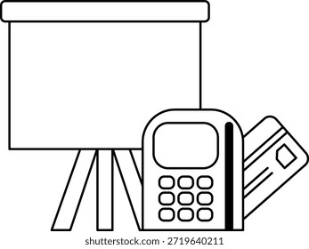 A white background with a projector, a calculator, a credit card, and a cell phone. Concept of a professional setting where one might need to use a projector, calculator