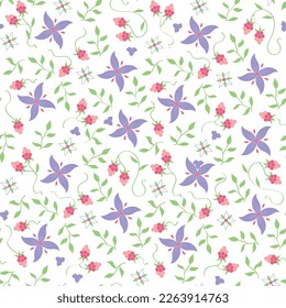 White background with purple and flowers, berries and leaves. Decorative seamless pattern for wrapping paper, wallpaper, textile, greeting cards and invitations.