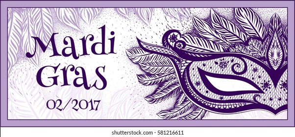 White background with purple mask and feathers. Vintage lilac flyer.