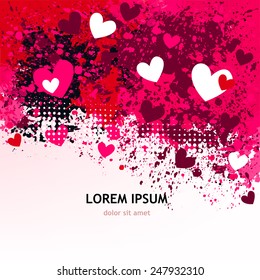 White background with purple and pink spots of paint and hearts. Vector