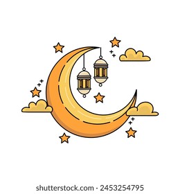 White background Ramadan hand drawn design of crescent moon and hanging lamp