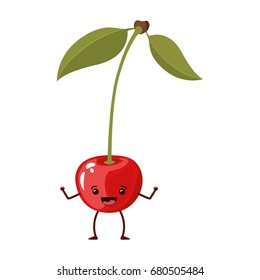 white background of realistic cherry caricature with stem and leaves vector illustration