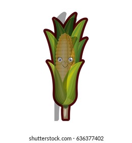 white background with realistic corn cob caricature with leaves and half shadow vector illustration