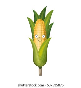 white background with realistic corn cob caricature with leaves vector illustration