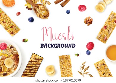 Weißer Hintergrund mit realistischem Rahmen für Hafergrotten, Müsli und Granola mit Nüssen, Heidelbeeren und Himbeeren, Vektorgrafik