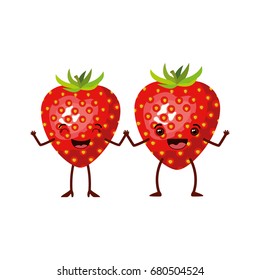 white background with realistic pair of strawberry fruits caricature vector illustration