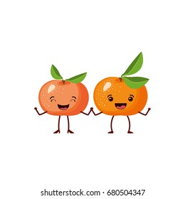 white background with realistic pair of tangerine fruits caricature vector illustration