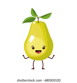 white background with realistic pear fruit caricature vector illustration