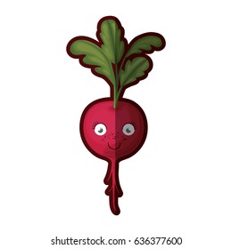white background with realistic red beet caricature with stem and leaves and half shadow vector illustration