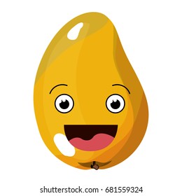 white background with realistic silhouette of smiling cartoon mango fruit vector illustration