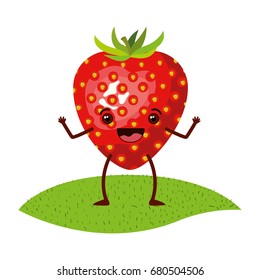 white background with realistic strawberry fruit caricature over grass vector illustration