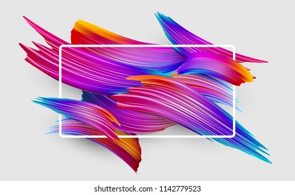 White background with rectangular frame and spectrum watercolor strokes. Colorful gradient brush design. Card or poster template. Vector paper illustration.
