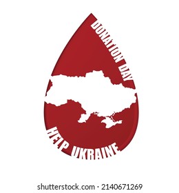 Fondo blanco con sangre roja y mapa de Ucrania. Ayude a Ucrania en la guerra con Rusia en 2022. Donación de sangre para soldados y personas ucranianos