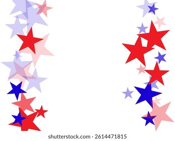 White background with red, white, blue stars. Vector illustration.  Flying stars confetti american symbols. Independence day celebration design.